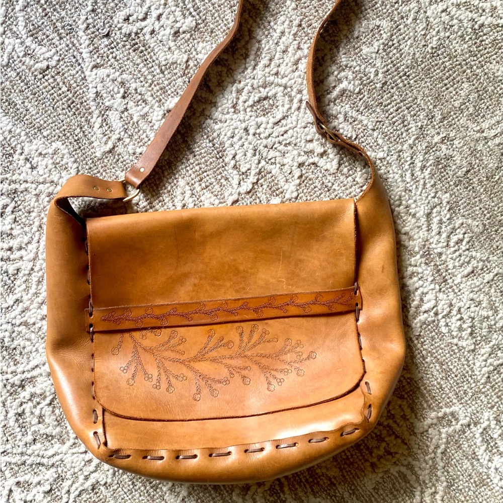 Artisan Leather Crossbody Bag with Hand Tooled Botanical Detail